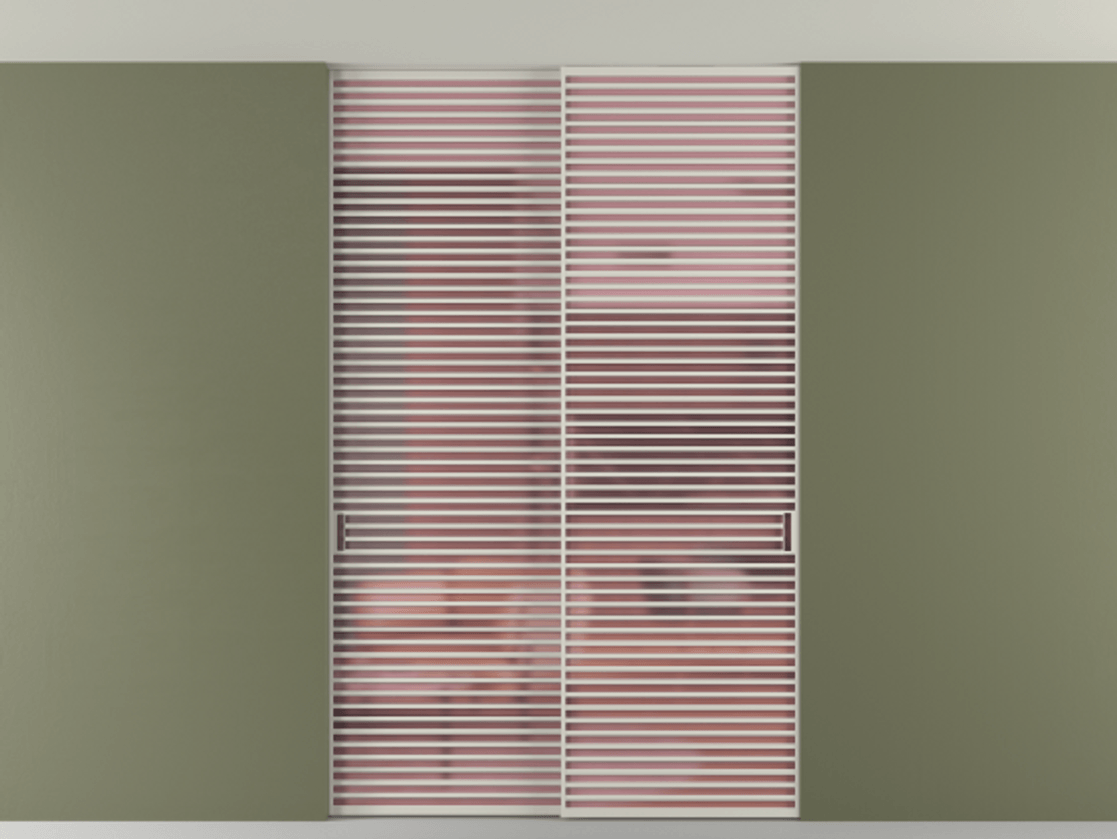 Перегородка Формато внутри проёма скрытое крепление в потолок 2 створки АЛПР 040.07 Алюминий тёплый серый Сатинированное розовое стекло, триплекс Цена 3098957 ₸ | Volhovec