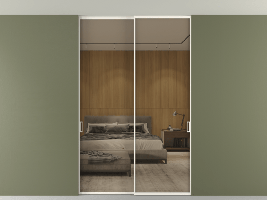 Перегородка Формато внутри проёма скрытое крепление в потолок 2 створки АЛПР 040.01 Алюминий пудровый белый Рефлективное бронзовое стекло "Стопсол", калёное Цена 2219918 ₸ | Volhovec