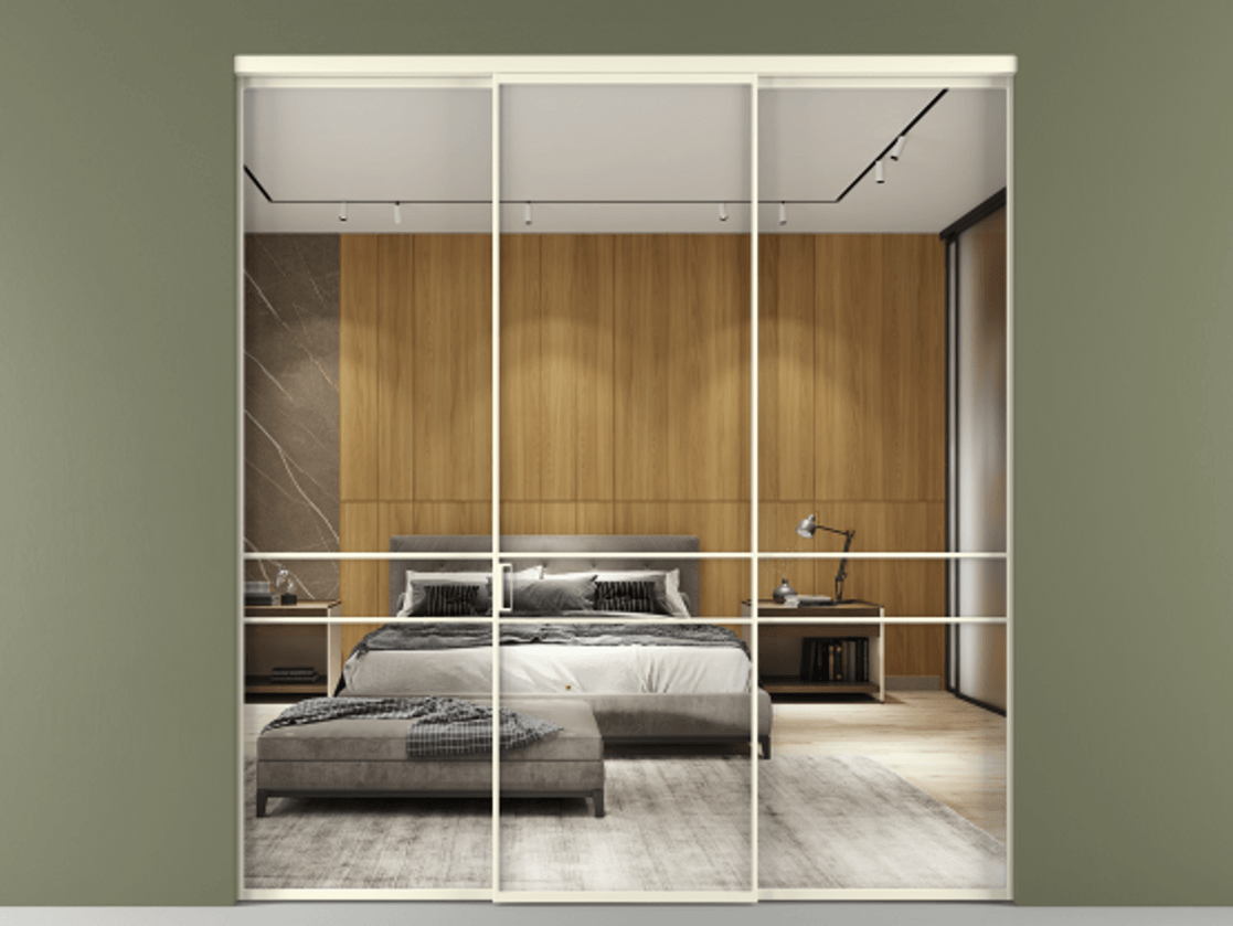 Перегородка Formato внутри проёма 3 створки АЛПР 040.02 Алюминий молочно-белый Двустороннее зеркало, триплекс , триплекс 6 мм Цена 1793799 ₸ | Volhovec