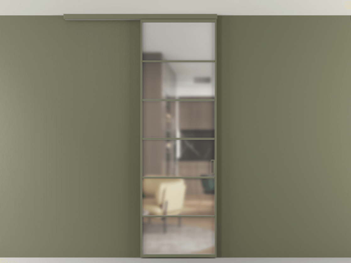 Перегородка Формато вдоль стены на потолок 1 створка АЛПР 040.04 Алюминий оливковый тёмный Сатинированное стекло "Мателюкс Кристал Вижн", калёное, матовое, каленое 6 мм Цена 863745 ₸ | Volhovec