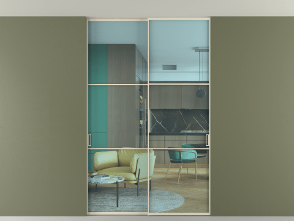 Перегородка Формато внутри проёма скрытое крепление в потолок 2 створки АЛПР 040.03 Алюминий бежево-серый Прозрачное голубое стекло, триплекс Цена 1876505 ₸ | Volhovec