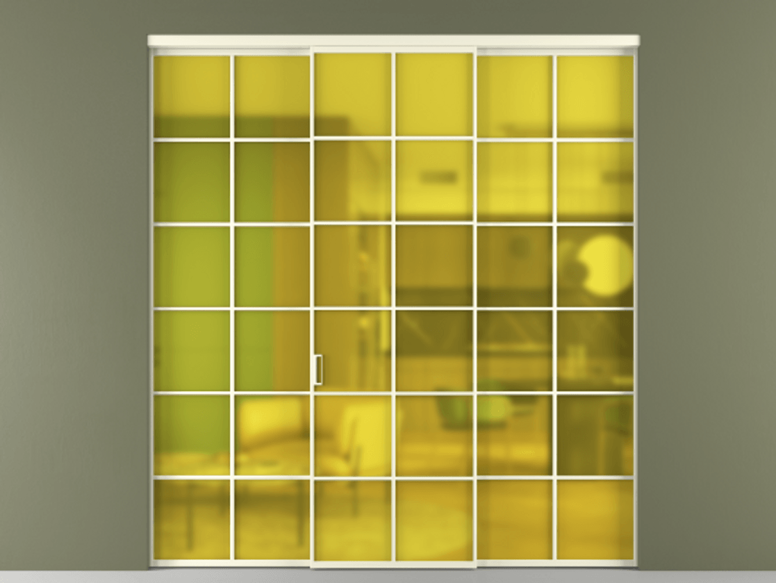 Перегородка Formato внутри проёма 3 створки АЛПР 040.05 Алюминий молочно-белый Сатинированное жёлтое стекло, триплекс Цена 1667700 ₸ | Volhovec