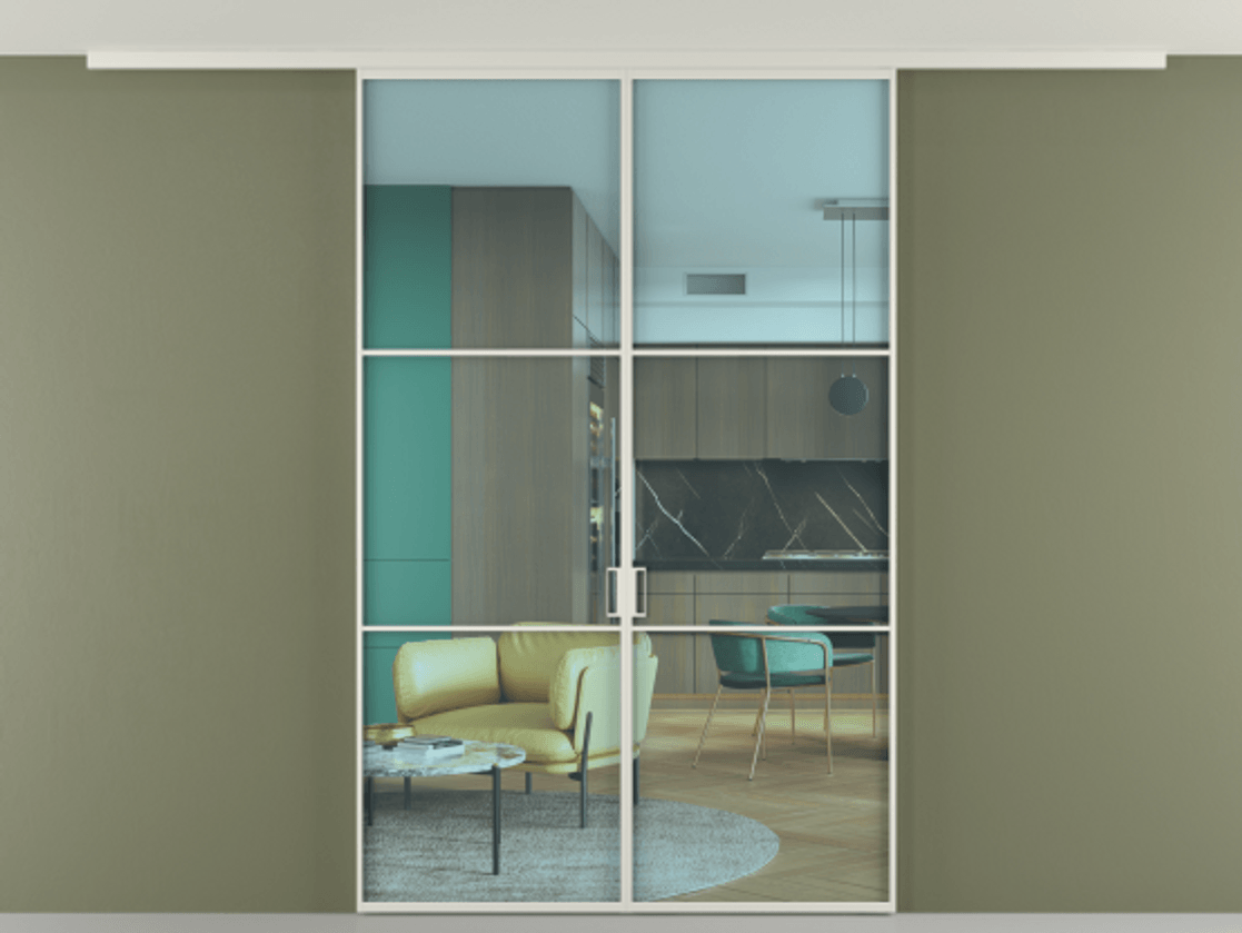 Перегородка Формато вдоль стены на потолок 2 створки АЛПР 040.03 Алюминий Белый Прозрачное голубое стекло, триплекс Цена 1357587 ₸ | Volhovec