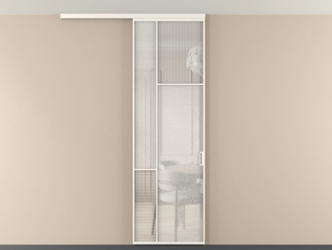 Перегородка Мозаик вдоль стены на потолок 1 створка АЛПР 041.11 Алюминий пудровый белый Рифлёное стекло "Дюна", триплекс, 6 мм + Фактурное стекло "Лёд", триплекс Цена 1081382 ₸ | Volhovec