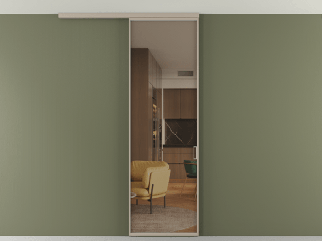 Перегородка Формато вдоль стены на потолок 1 створка АЛПР 040.01 Алюминий бисквитный Прозрачное бронзовое стекло, триплекс Цена 698567 ₸ | Volhovec