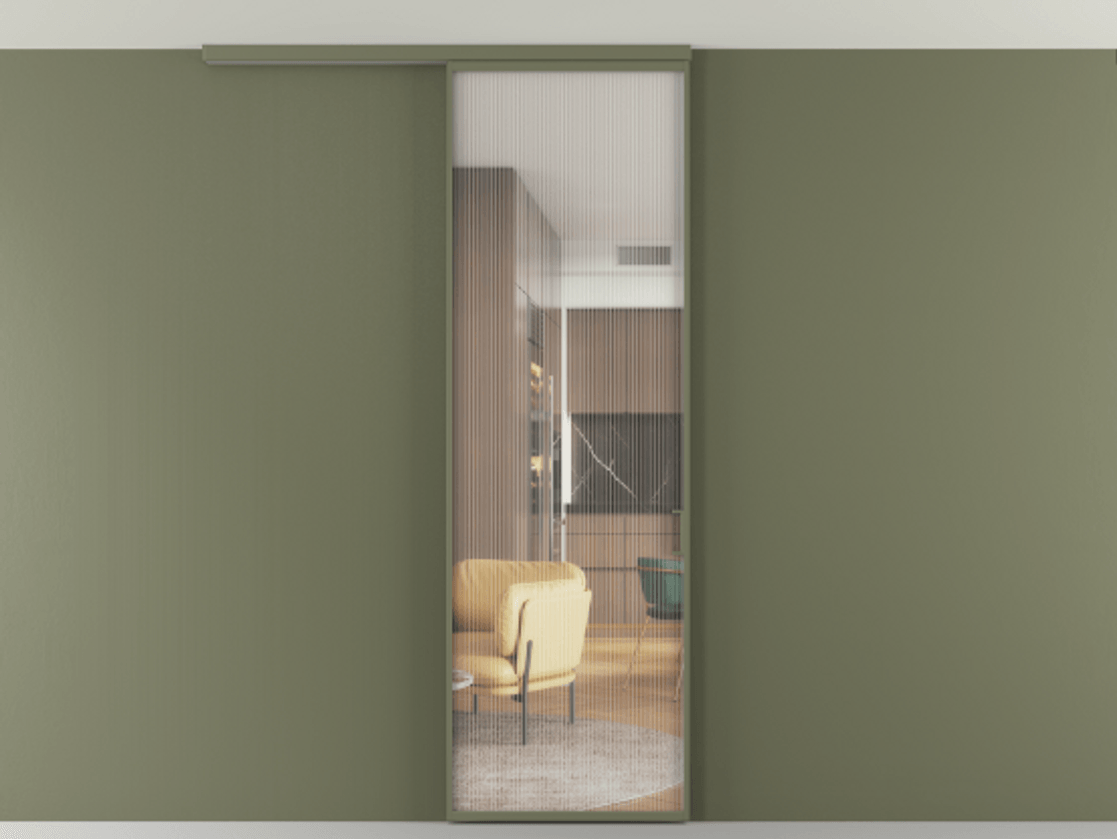 Перегородка Формато вдоль стены на потолок 1 створка АЛПР 040.01 Алюминий оливковый тёмный Рифлёное стекло "Мору", триплекс Цена 775928 ₸ | Volhovec