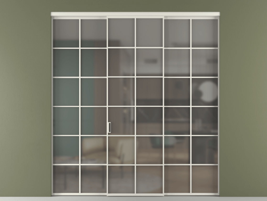 Перегородка Formato внутри проёма 3 створки АЛПР 040.05 Алюминий Белый Сатинированное серое стекло, триплекс Цена 1600310 ₸ | Volhovec