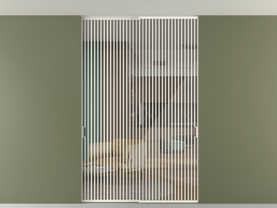 Перегородка Формато внутри проёма скрытое крепление в потолок 2 створки АЛПР 040.06 Алюминий жемчужный Рефлективное прозрачное стекло "Стопсол", калёное Цена 3939667 ₸ | Volhovec