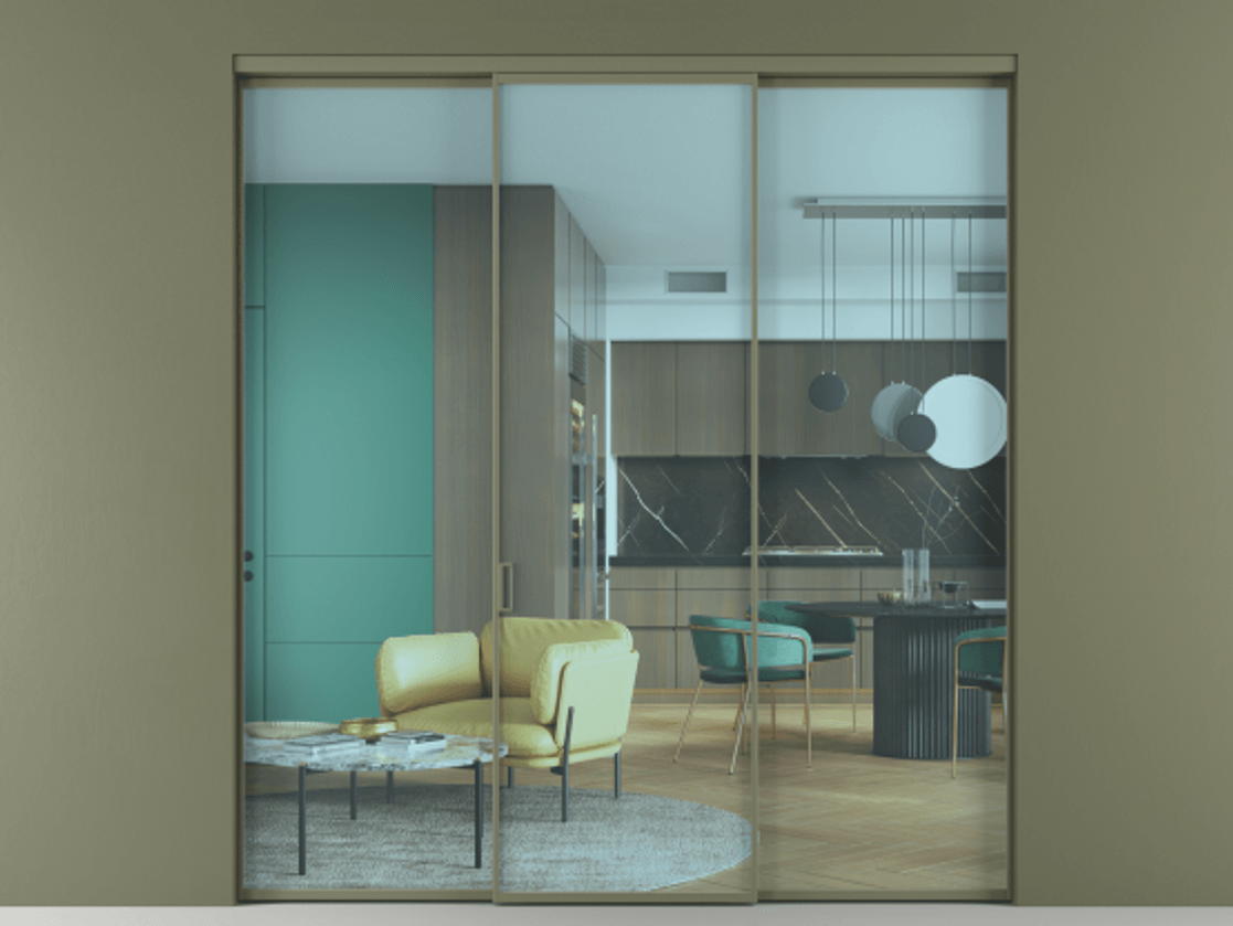 Перегородка Формато внутри проёма 3 створки АЛПР 040.01 Алюминий оливковый тёмный Прозрачное голубое стекло, триплекс Цена 1701945 ₸ | Volhovec