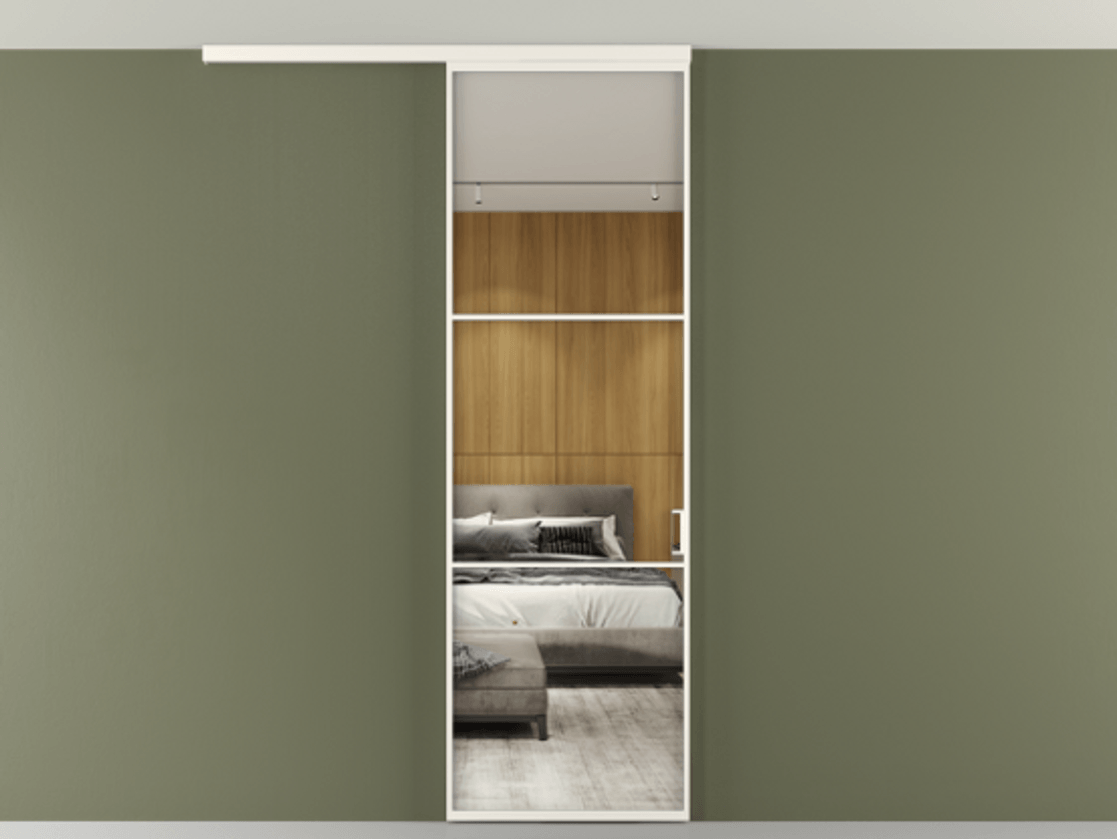 Перегородка Формато вдоль стены на потолок 1 створка АЛПР 040.03 Алюминий пудровый белый Двустороннее зеркало, триплекс , триплекс 6 мм Цена 732246 ₸ | Volhovec