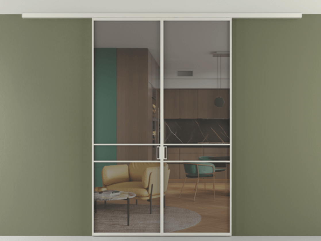 Перегородка Формато вдоль стены на потолок 2 створки АЛПР 040.02 Алюминий тёплый серый Прозрачное серое стекло, триплекс Цена 1723075 ₸ | Volhovec