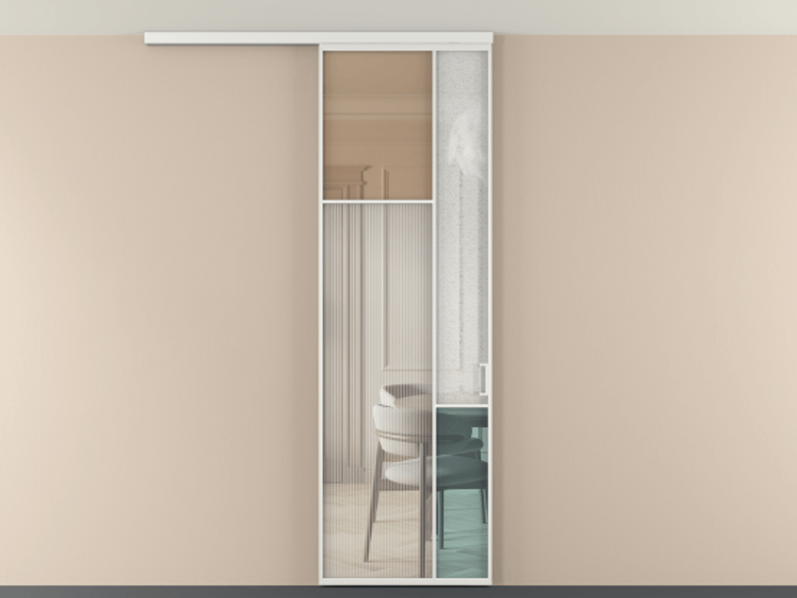 Перегородка Мозаик вдоль стены на потолок 1 створка АЛПР 041.10 Алюминий белоснежный Комбинация стекол Группы 1 и Группы 3 Цена 1066262 ₸ | Volhovec