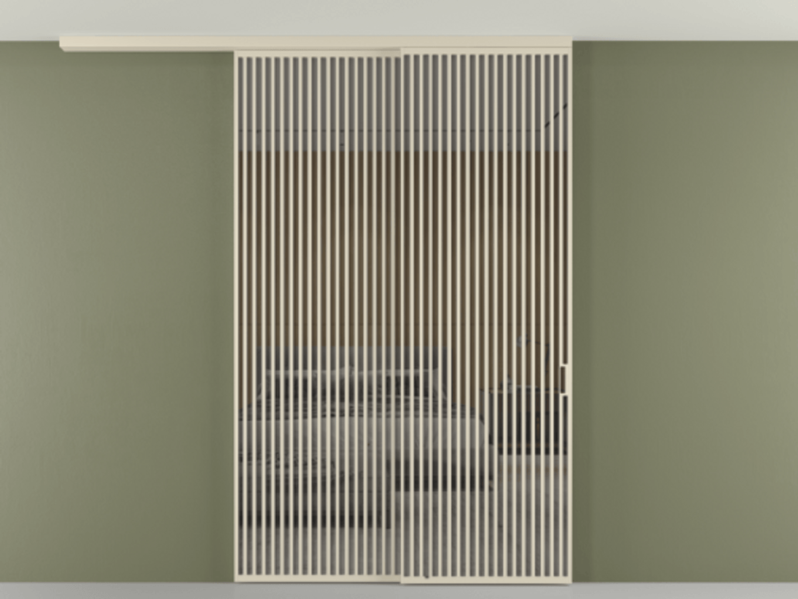 Перегородка Формато вдоль стены на потолок 2 створки с синхронным механизмом АЛПР 040.06 Алюминий бежево-серый Рефлективное серое стекло "Стопсол", калёное Цена 4102207 ₸ | Volhovec