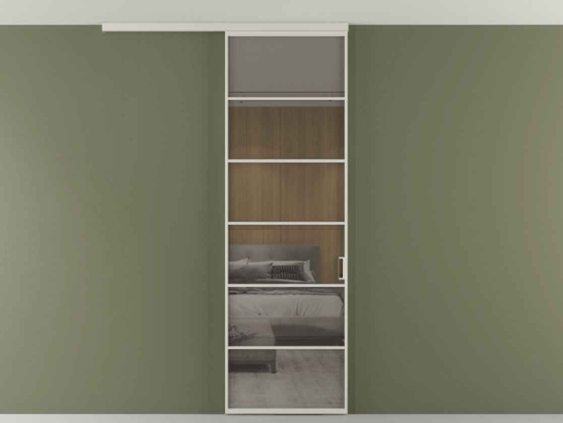 Перегородка Формато вдоль стены на потолок 1 створка АЛПР 040.04 Алюминий тёплый серый Рефлективное серое стекло "Стопсол", калёное Цена 863745 ₸ | Volhovec