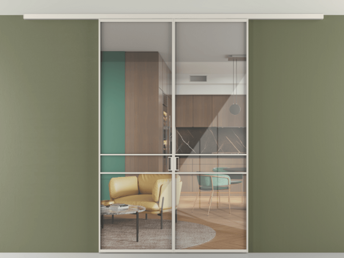 Перегородка Formato вдоль стены на потолок 2 створки АЛПР 040.02 Алюминий облачно-серый Рефлективное прозрачное стекло "Стопсол", калёное Цена 1844035 ₸ | Volhovec