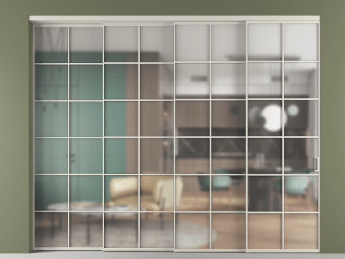 Перегородка Формато внутри проёма 4 створки с синхронным механизмом АЛПР 040.05 Алюминий тёплый серый Сатинированное стекло "Мателюкс Кристал Вижн", калёное, матовое, каленое 6 мм. Цена 4437720 ₸ 1. Полотно 4 шт. (800/2100 мм)
2. Комплект установки раздвижной системы
3. Базовый комплект фурнитуры
4. Комплект фурнитуры телескопик синхро-3
5. Ручка Рондо. Фабрика дверей Волховец 8 (800) 551 43 19 Перегородка Формато внутри проёма 4 створки с синхронным механизмом АЛПР 040.05 Алюминий тёплый серый Сатинированное стекло "Мателюкс Кристал Вижн", калёное, матовое, каленое 6 мм Цена 4437720 ₸ | Volhovec