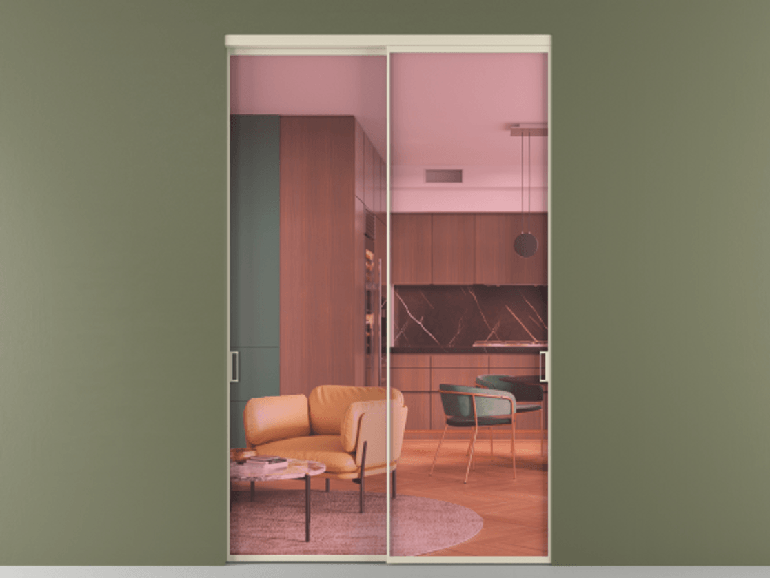 Межкомнатная дверь New Перегородка Formato внутри проёма двустворчатая АЛПР 040.01 Алюминий бежево-серый Прозрачное розовое стекло, триплекс Цена 1126300  | Volhovec