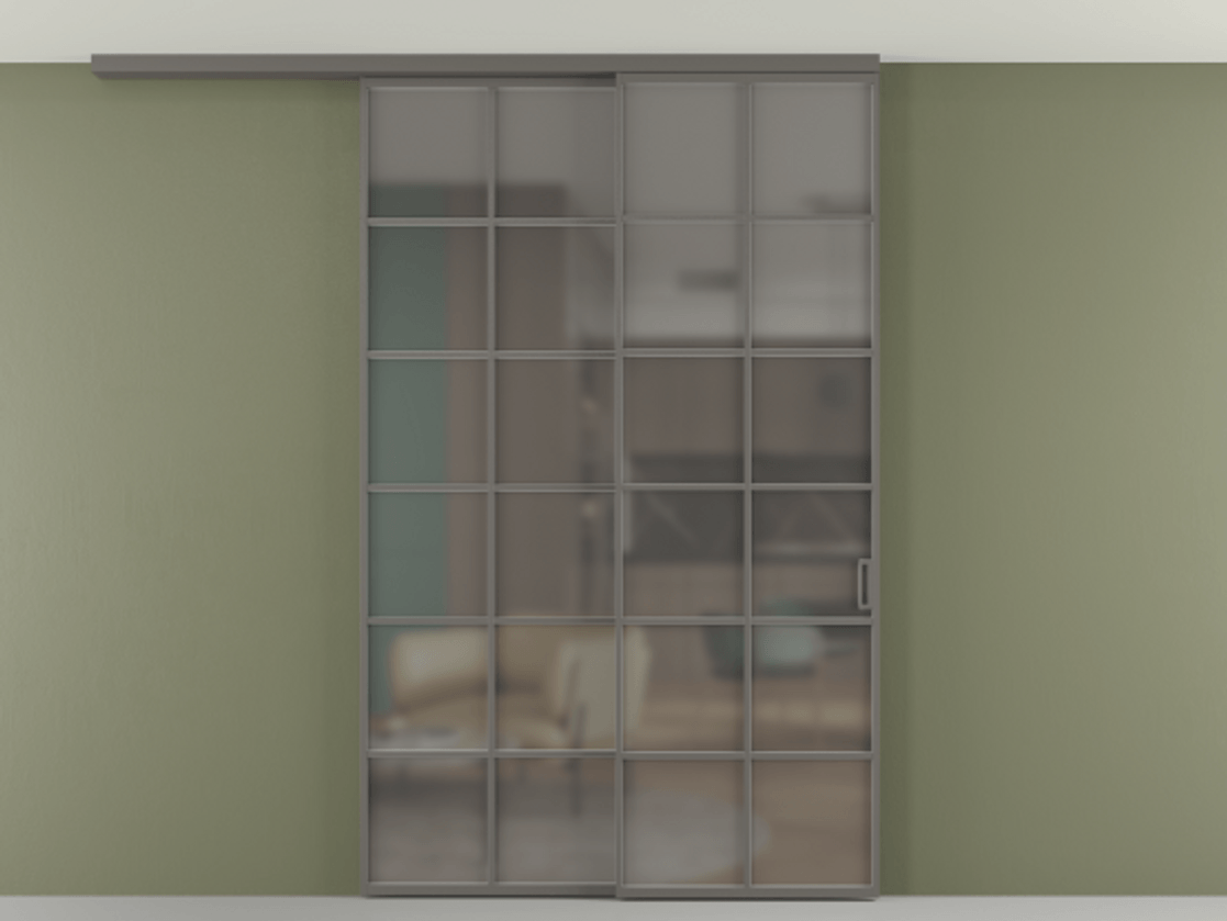 Перегородка Формато вдоль стены на потолок 2 створки с синхронным механизмом АЛПР 040.05 Алюминий классический серый Сатинированное серое стекло, триплекс Цена 2205282 ₸ | Volhovec