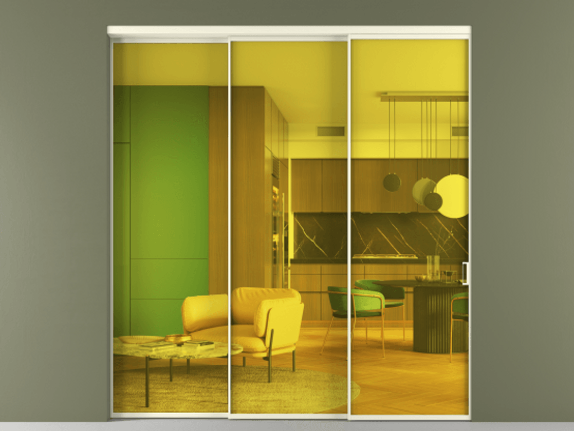 Перегородка Formato внутри проёма 3 створки с синхронным механизмом АЛПР 040.01 Алюминий молочно-белый Прозрачное жёлтое стекло, триплекс Цена 2069100 ₸  | Volhovec