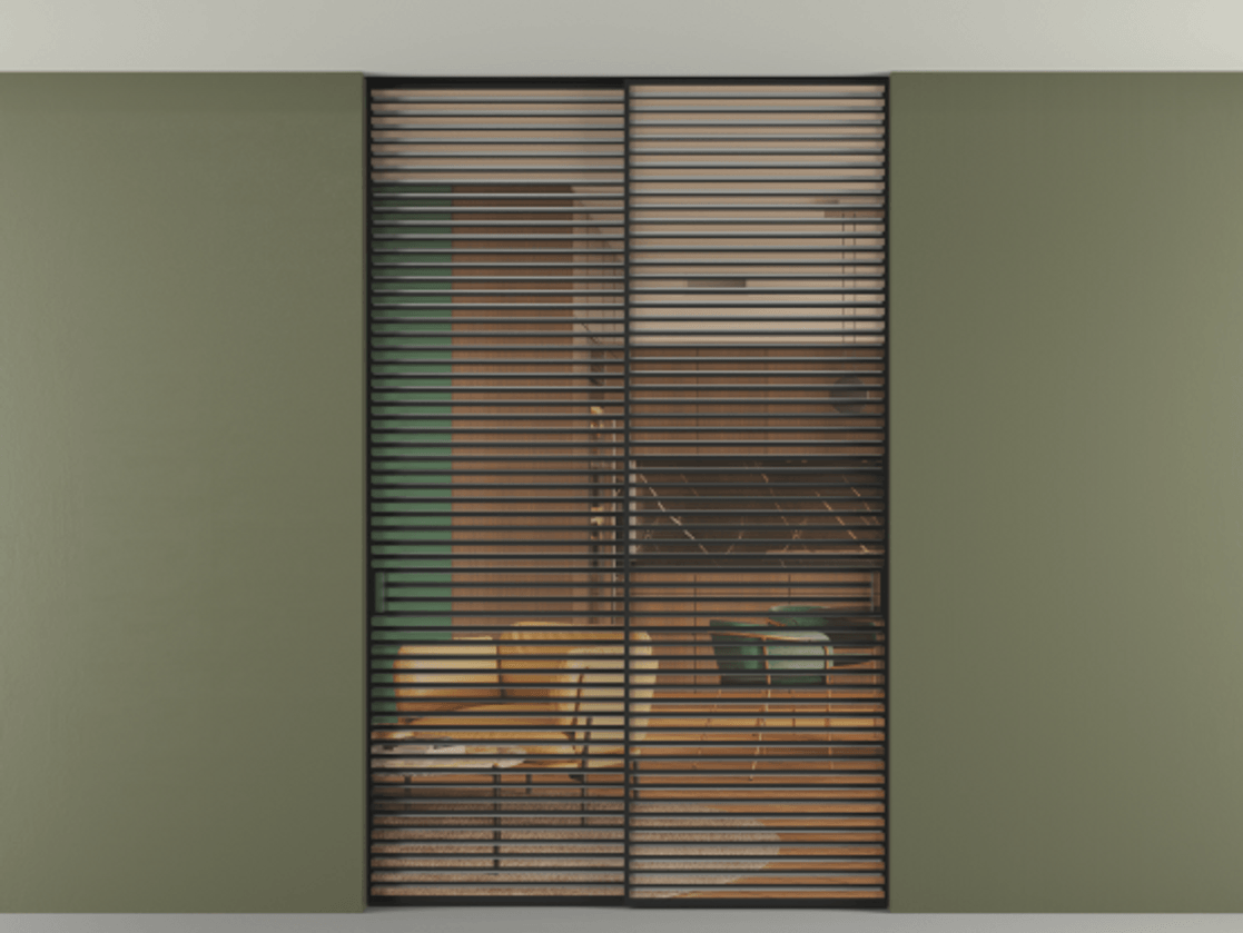 Перегородка Formato внутри проёма скрытое крепление в потолок 2 створки АЛПР 040.07 Алюминий Черный Прозрачное оранжевое стекло, триплекс Цена 2995423 ₸ | Volhovec