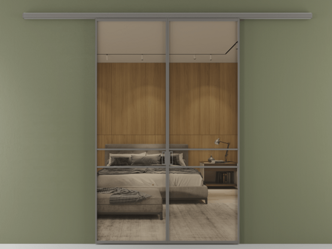 Перегородка Формато вдоль стены 2 створки АЛПР 040.02 Алюминий классический серый Рефлективное бронзовое стекло "Стопсол", калёное Цена 1882440 ₸ | Volhovec