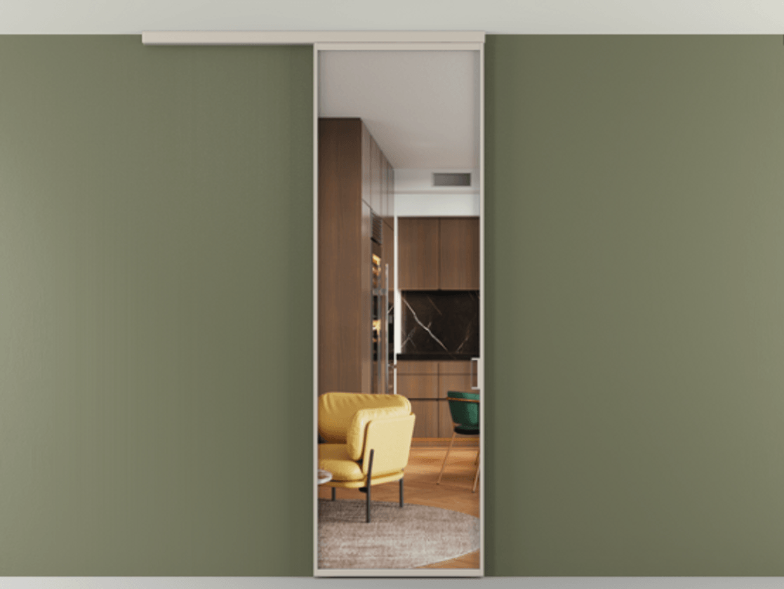 Перегородка Формато вдоль стены на потолок 1 створка АЛПР 040.01 Алюминий светло-бежевый Прозрачное стекло "Кристал Вижн", калёное Цена 903949 ₸ | Volhovec