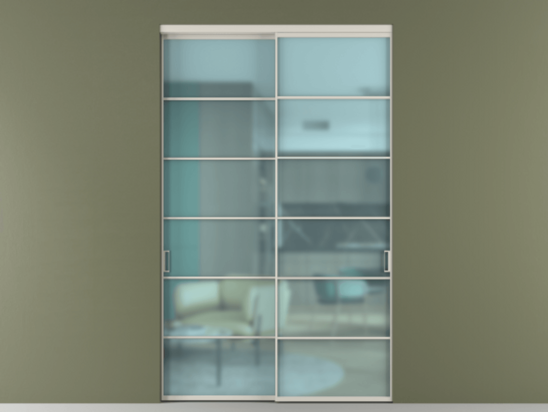 Перегородка Formato внутри проёма 2 створки АЛПР 040.04 Алюминий облачно-серый Сатинированное голубое стекло, триплекс Цена 2775200 ₸  | Volhovec