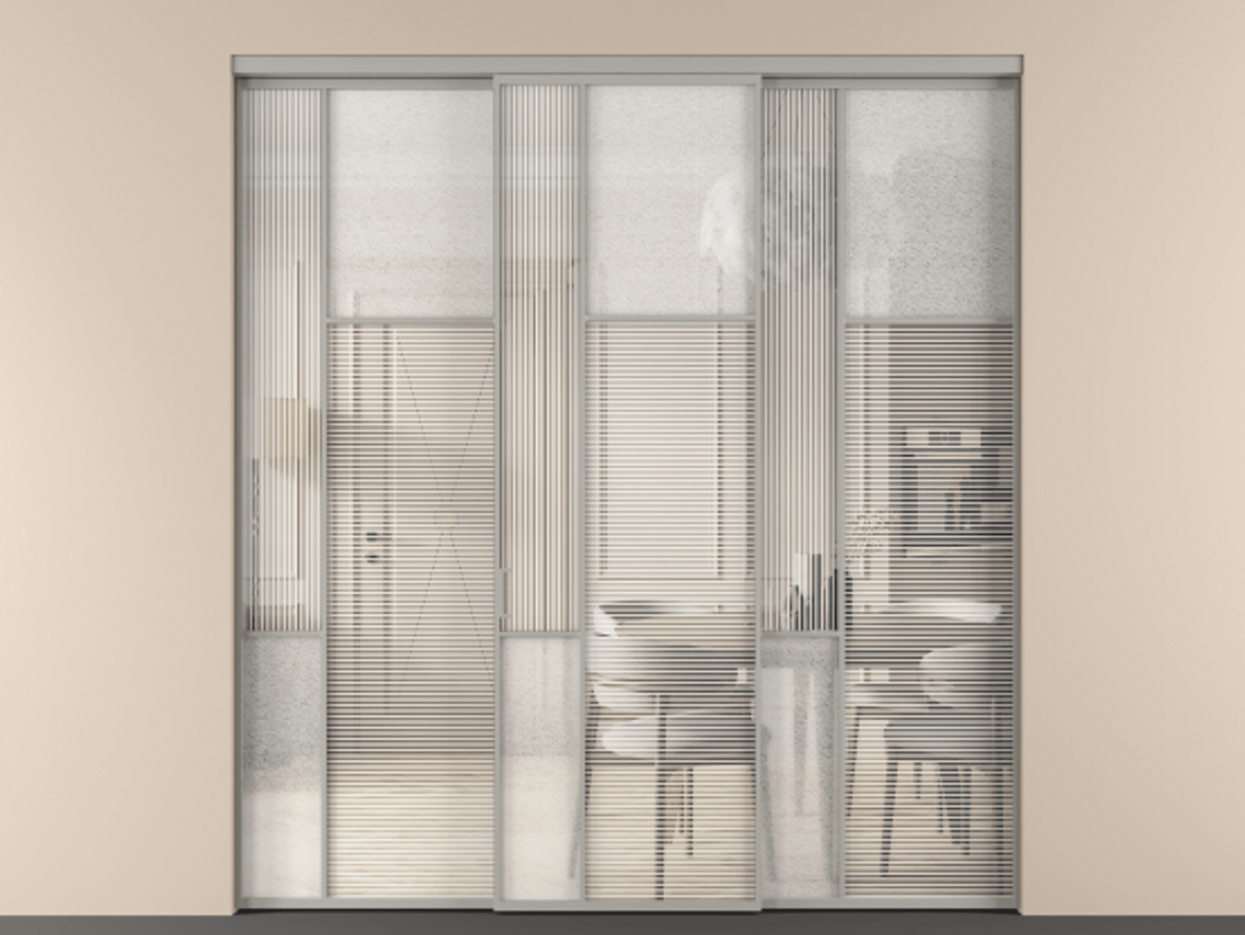 Перегородка Мозаик внутри проёма 3 створки АЛПР 041.11 Алюминий нейтральный серый Рифлёное стекло "Дюна", триплекс, 6 мм + Фактурное стекло "Лёд", триплекс Цена 2762348 ₸ | Volhovec