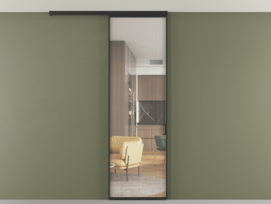 Перегородка Формато вдоль стены на потолок 1 створка АЛПР 040.01 Алюминий Черный Рифлёное стекло "Мору", триплекс Цена 717429 ₸ | Volhovec