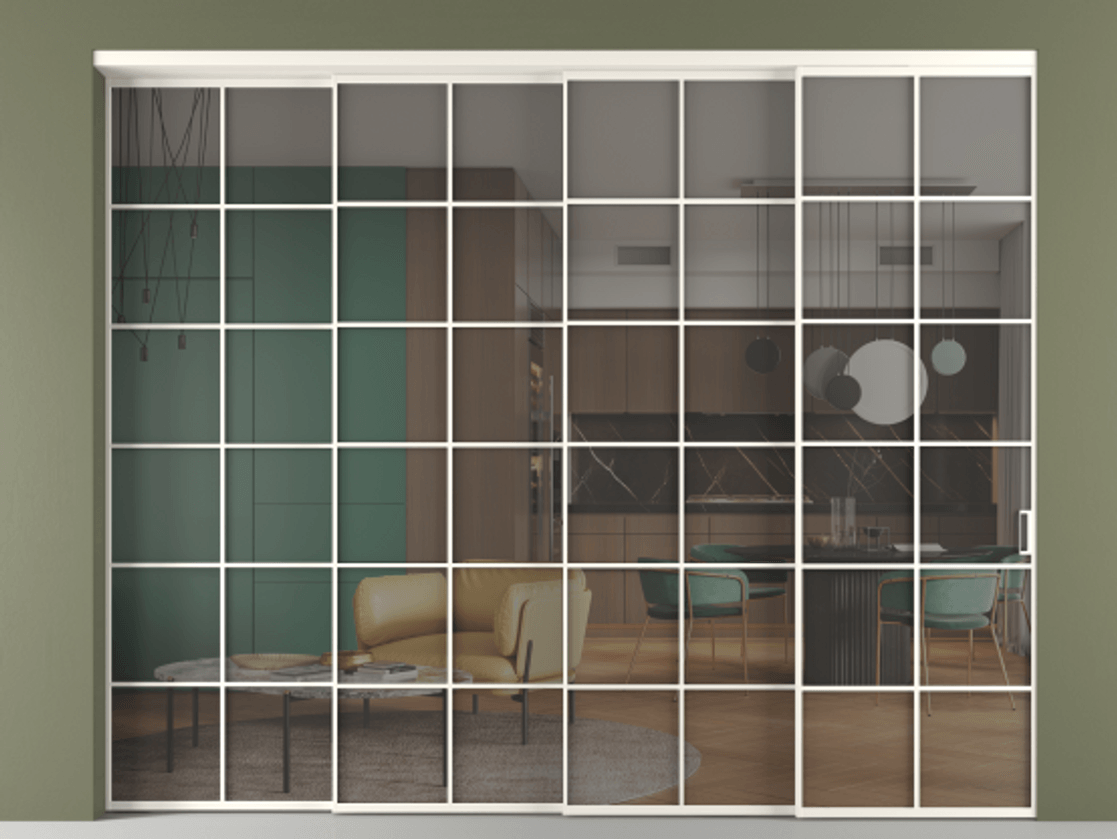 Перегородка Formato внутри проёма 4 створки с синхронным механизмом АЛПР 040.05 Алюминий пудровый белый Прозрачное серое стекло, триплекс. Цена 3569076 ₸ 1. Полотно 4 шт. (800/2100 мм)
2. Комплект установки раздвижной системы
3. Базовый комплект фурнитуры
4. Комплект фурнитуры телескопик синхро-3
5. Ручка RONDO
. Фабрика дверей Волховец 8 (800) 551 43 19 Перегородка Formato внутри проёма 4 створки с синхронным механизмом АЛПР 040.05 Алюминий пудровый белый Прозрачное серое стекло, триплекс Цена 3569076 ₸ | Volhovec