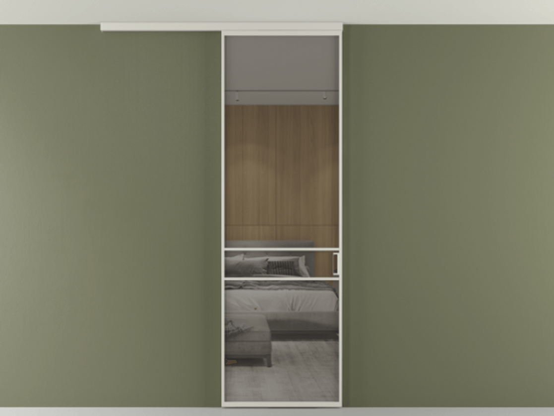 Перегородка Формато вдоль стены на потолок 1 створка АЛПР 040.02 Алюминий тёплый серый Рефлективное серое стекло "Стопсол", калёное Цена 948856 ₸ | Volhovec