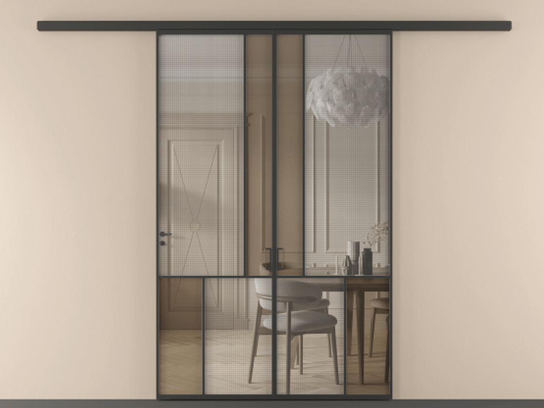 Перегородка Mosaic вдоль стены двустворчатая АЛПР 041.20 Алюминий Черный Mesh silver + Бронза прозрачное триплекс Цена 1569730 ₸ | Volhovec