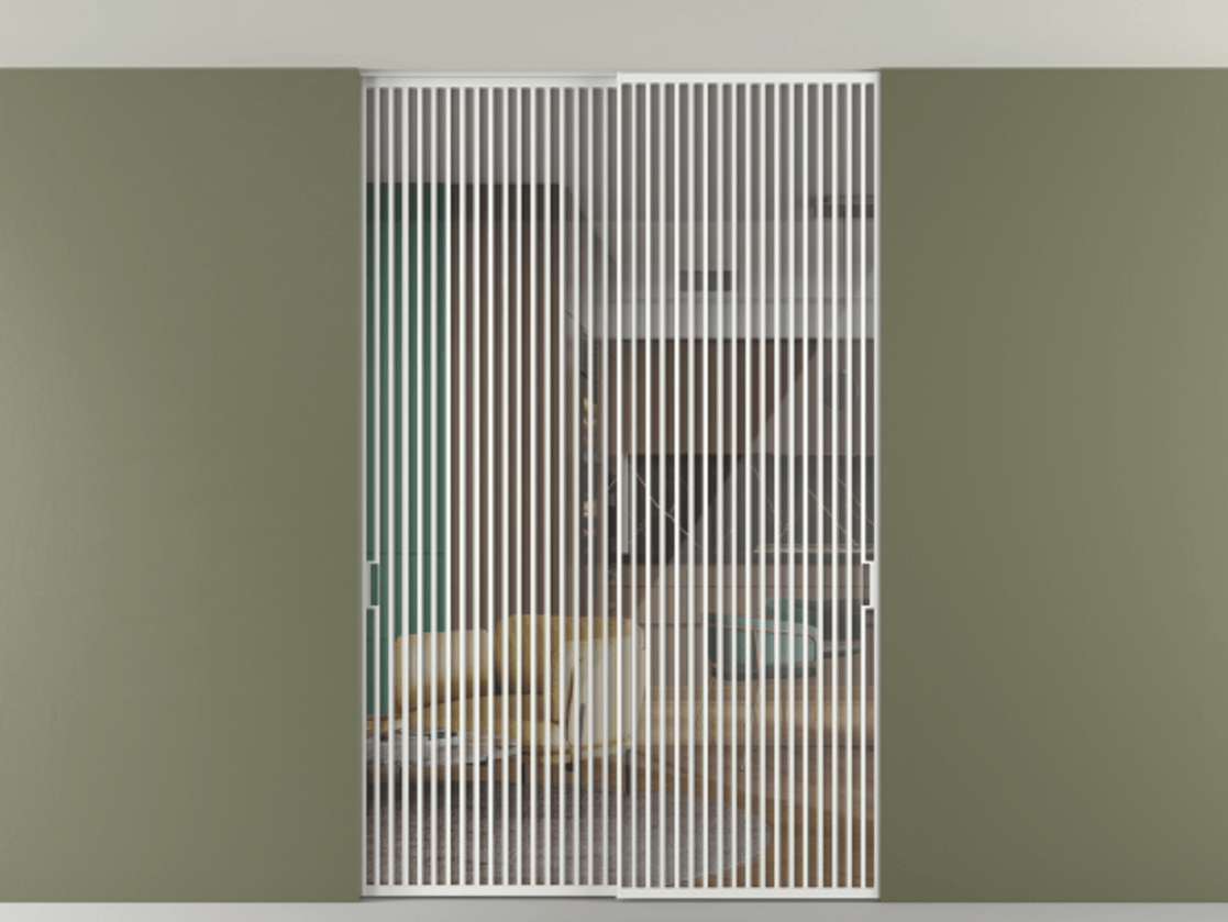 Перегородка Формато внутри проёма скрытое крепление в потолок 2 створки АЛПР 040.06 Алюминий белоснежный Рефлективное прозрачное стекло "Стопсол", калёное Цена 3939667 ₸ | Volhovec