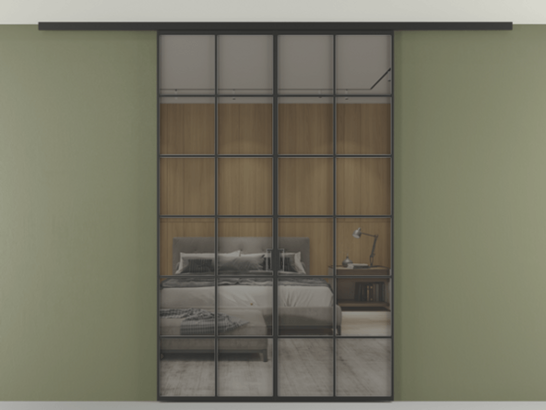 Перегородка Формато вдоль стены на потолок 2 створки АЛПР 040.05 Алюминий Черный Рефлективное серое стекло "Стопсол", калёное Цена 1898921 ₸ | Volhovec