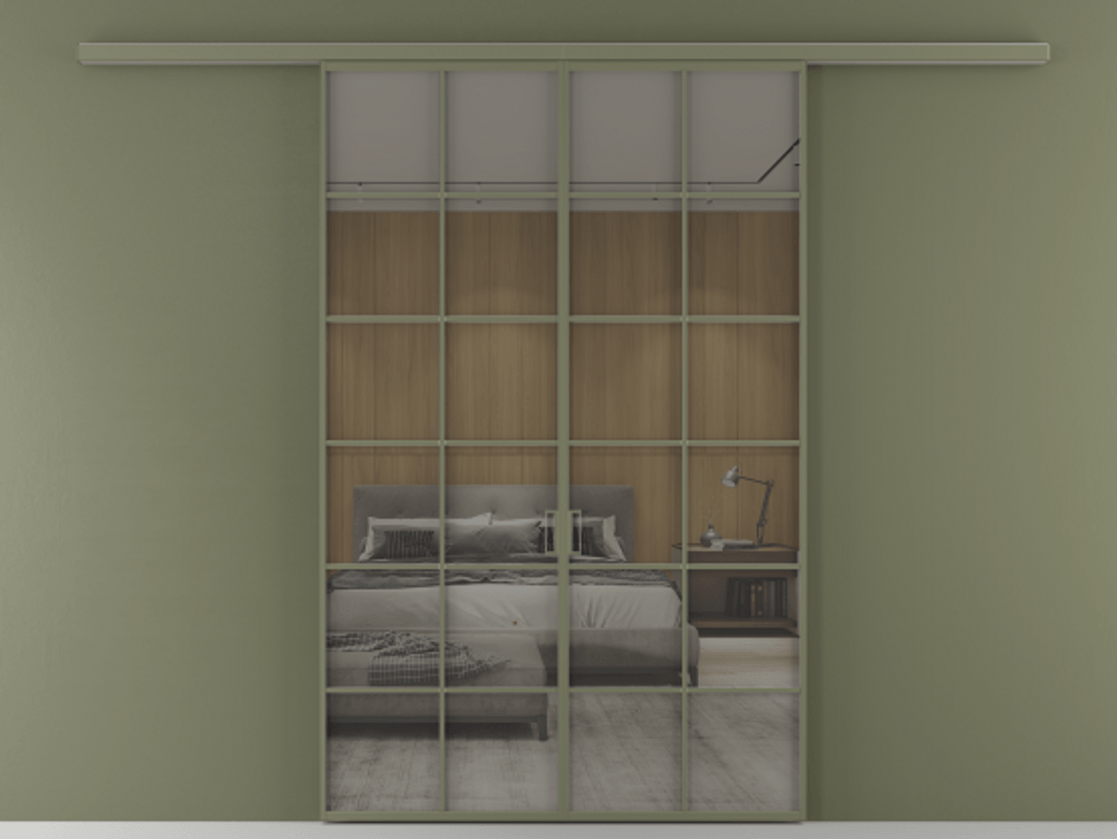 Перегородка Формато вдоль стены 2 створки АЛПР 040.05 Алюминий оливковый тёмный Рефлективное серое стекло "Стопсол", калёное Цена 2000376 ₸ | Volhovec