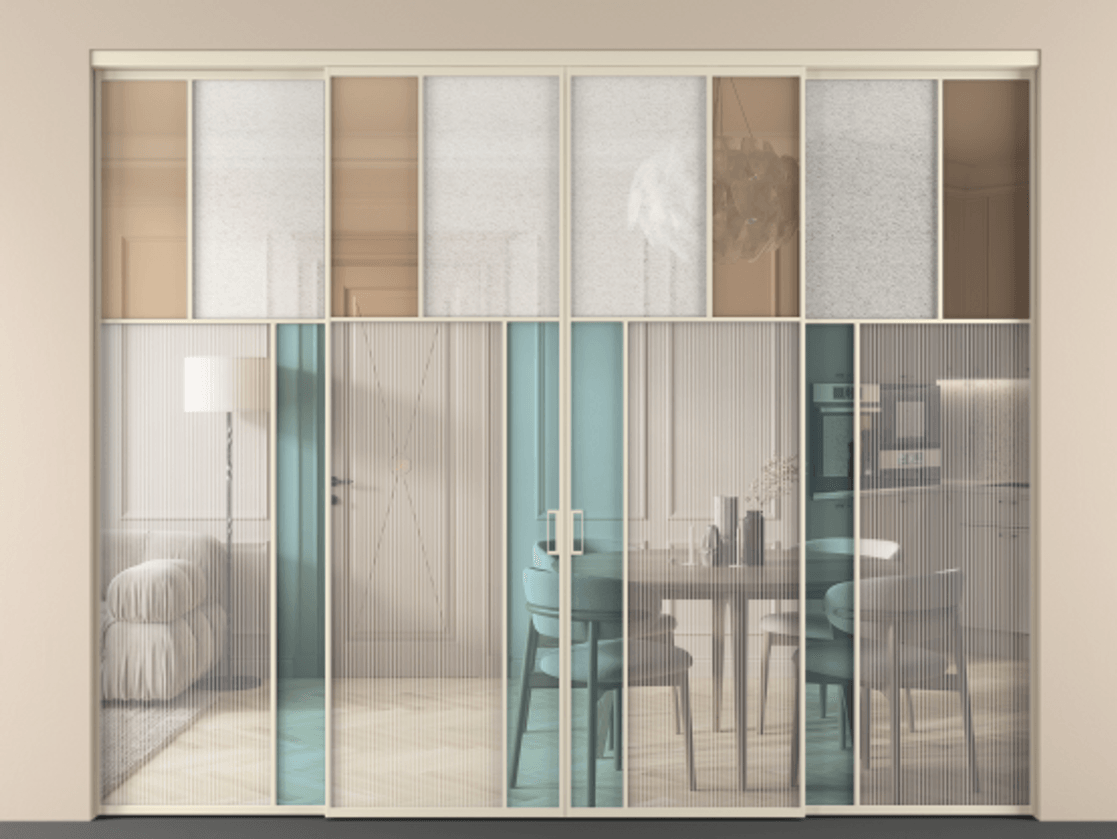 Перегородка Mosaic внутри проёма четырёхстворчатая АЛПР 041.22 Алюминий бежево-серый Комбинация стекол Группы 1 и Группы 3 Цена 2711800 ₸ | Volhovec