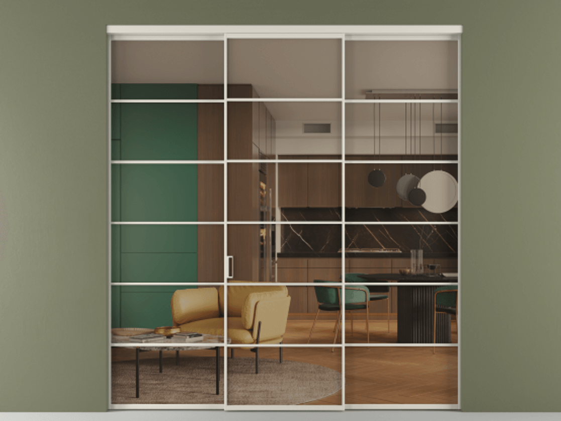 Перегородка Formato внутри проёма 3 створки АЛПР 040.04 Алюминий облачно-серый Прозрачное бронзовое стекло, триплекс Цена 1926477 ₸ | Volhovec