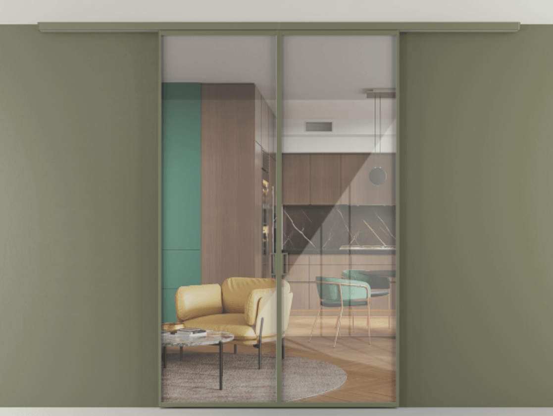 Перегородка Формато вдоль стены на потолок 2 створки АЛПР 040.01 Алюминий оливковый тёмный Рефлективное прозрачное стекло "Стопсол", калёное Цена 1754222 ₸ | Volhovec