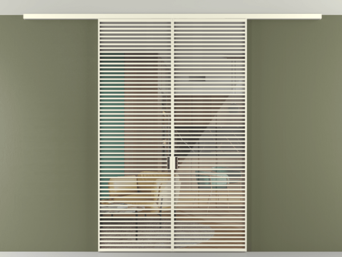 Перегородка Formato вдоль стены на потолок 2 створки АЛПР 040.07 Алюминий молочно-белый Рефлективное прозрачное стекло "Стопсол", калёное Цена 3473971 ₸ | Volhovec