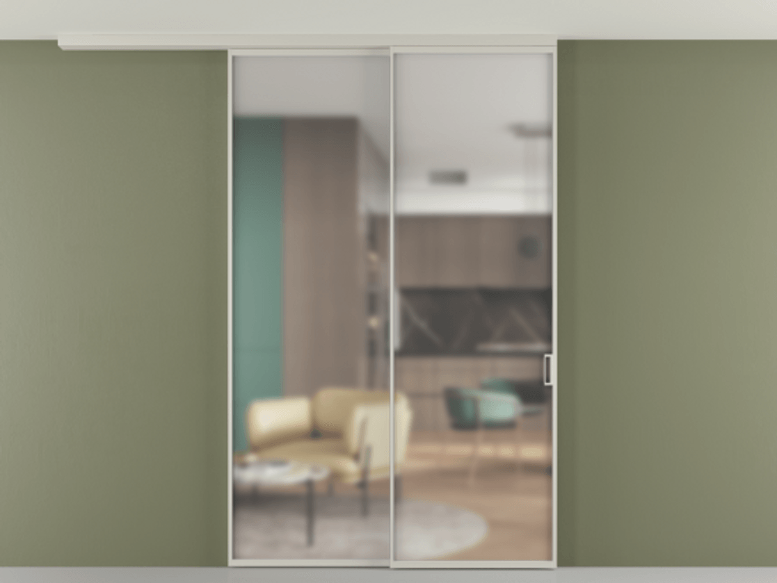 Перегородка Формато вдоль стены на потолок 2 створки с синхронным механизмом АЛПР 040.01 Алюминий тёплый серый Сатинированное стекло "Мателюкс Кристал Вижн", калёное, матовое, каленое 6 мм Цена 2126416 ₸ | Volhovec