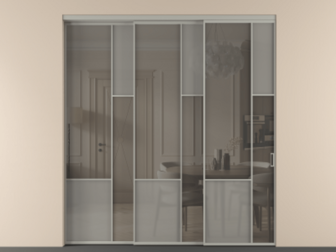 Перегородка Мозаик внутри проёма 3 створки с синхронным механизмом АЛПР 041.12 Алюминий нейтральный серый Сатинированное серое стекло, триплекс, 6 мм + Прозрачное серое стекло, триплекс Цена 3306668 ₸ | Volhovec