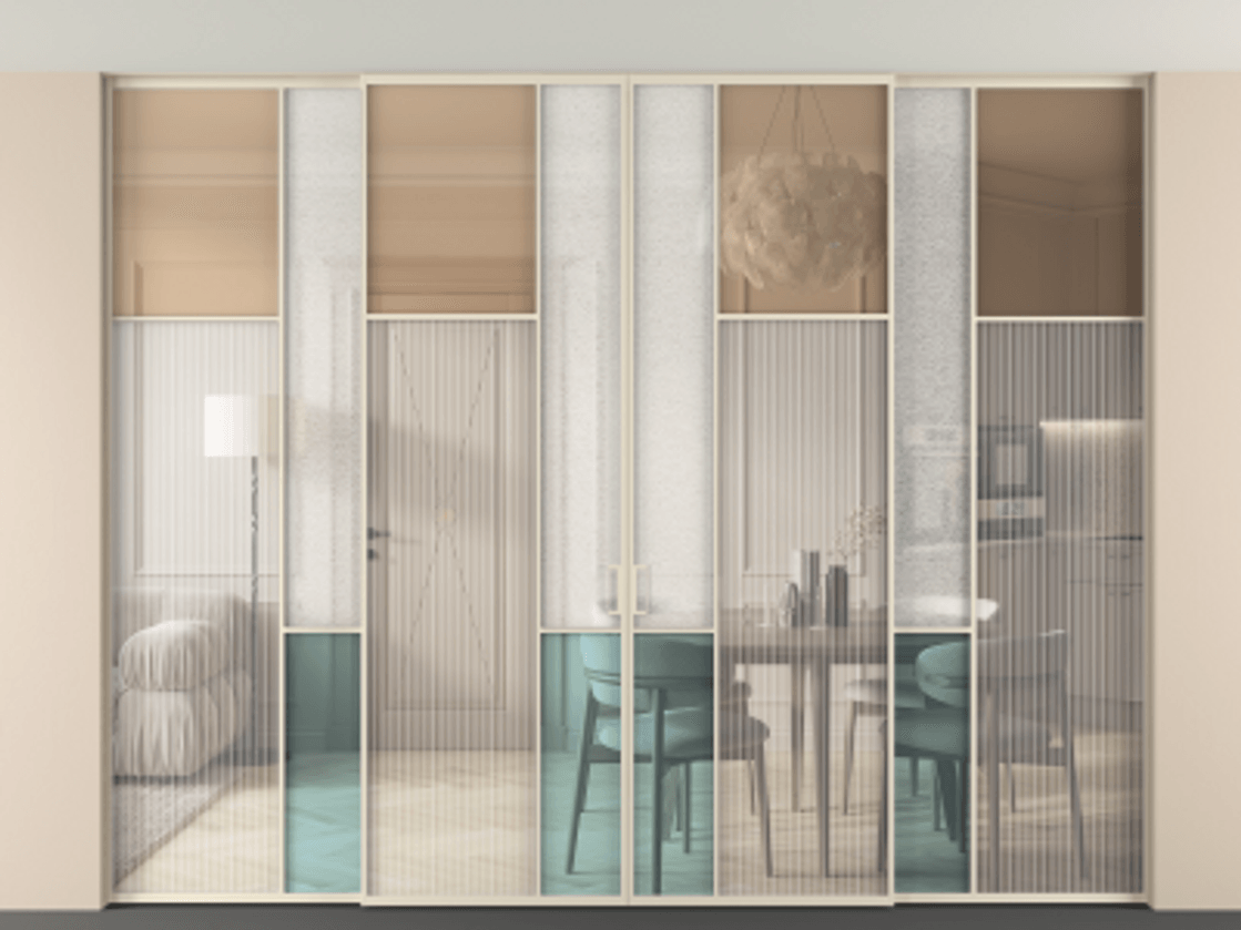 Перегородка Mosaic внутри проёма скрытое крепление в потолок 4 створки АЛПР 041.11 Алюминий бежево-серый Комбинация стекол Группы 1 и Группы 3 Цена 3851700 ₸ | Volhovec