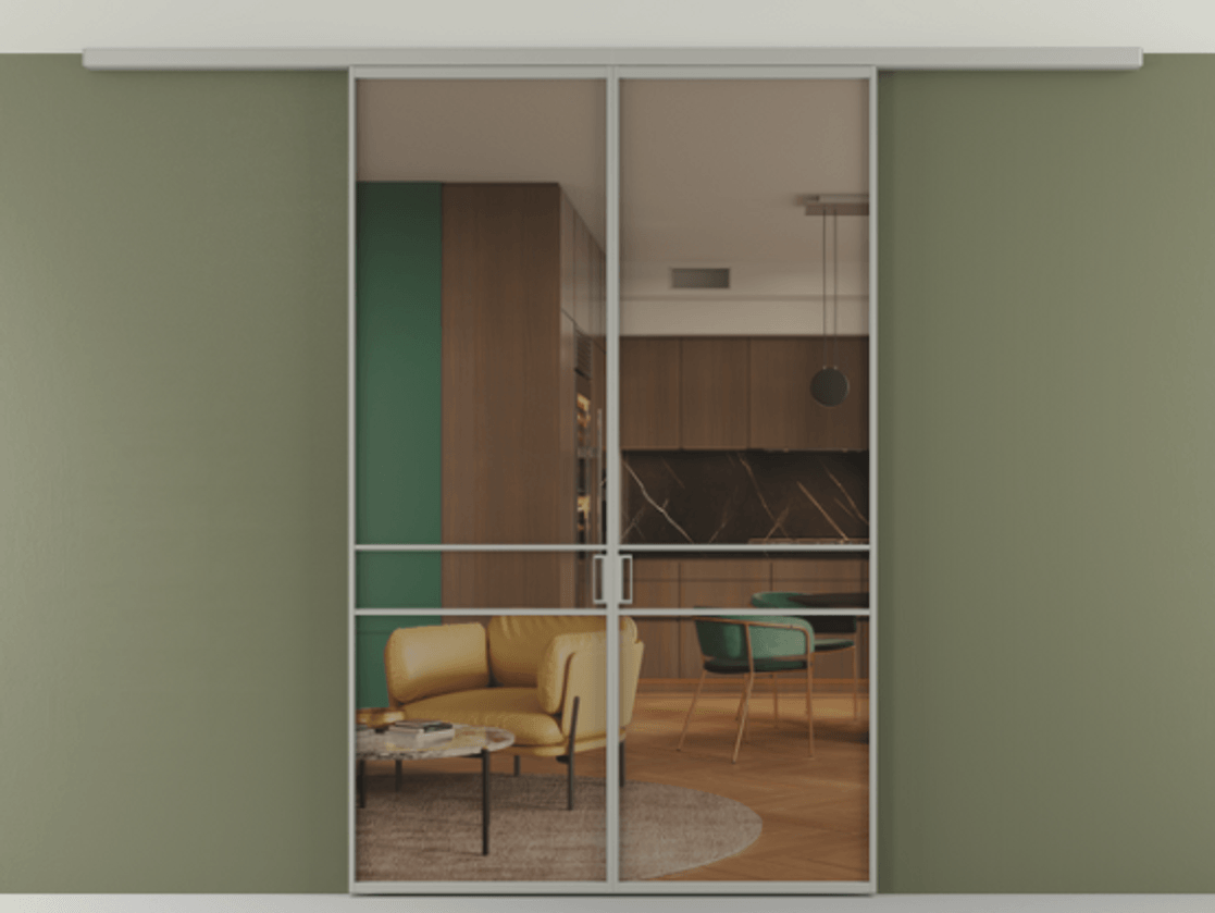 Перегородка Формато вдоль стены на потолок 2 створки АЛПР 040.02 Алюминий нейтральный серый Прозрачное бронзовое стекло, триплекс Цена 1410809 ₸ | Volhovec