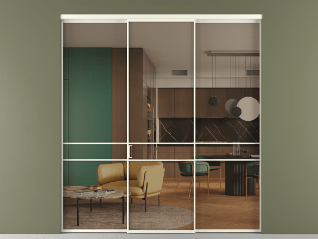 Перегородка Formato внутри проёма 3 створки АЛПР 040.02 Алюминий жемчужный Прозрачное бронзовое стекло, триплекс Цена 1793799 ₸ | Volhovec