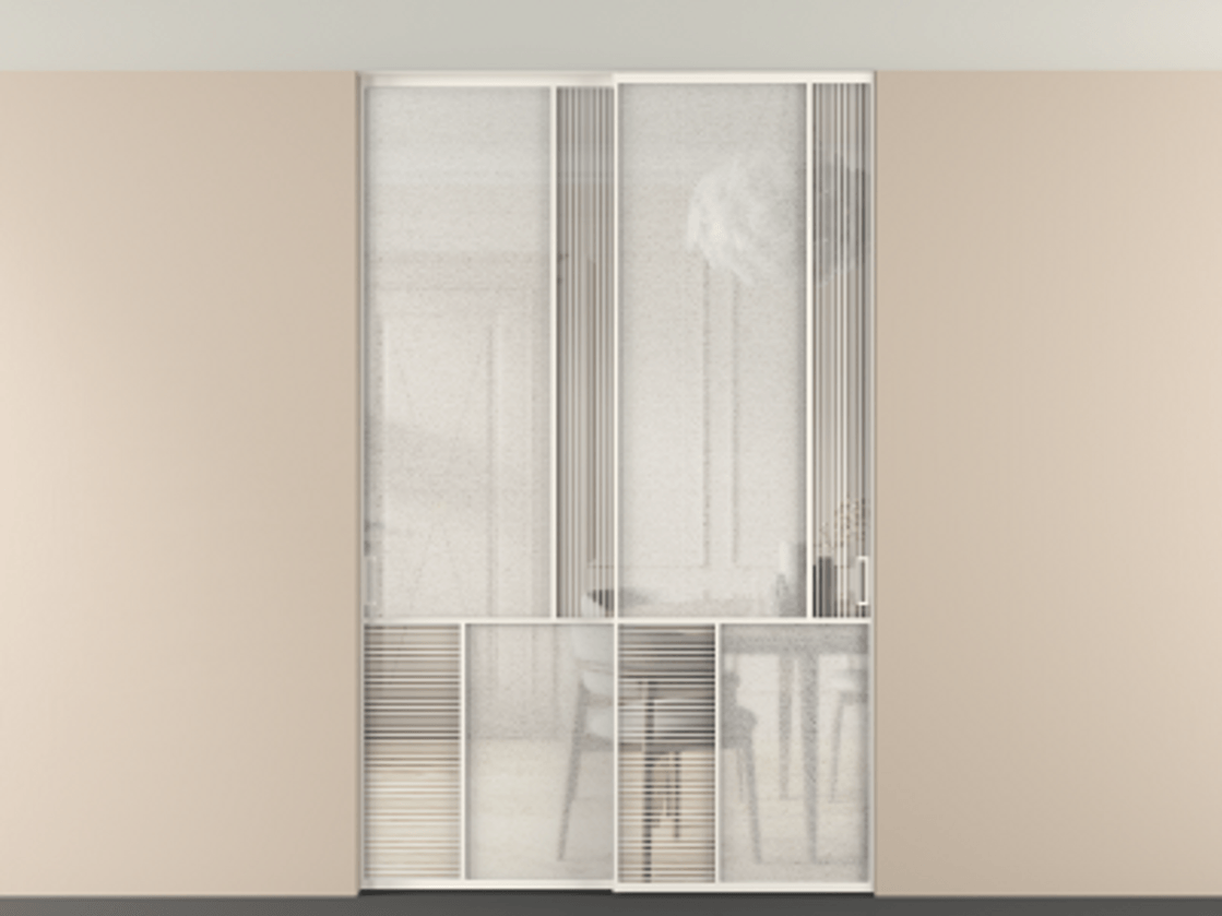 Перегородка Mosaic внутри проёма скрытое крепление в потолок 2 створки АЛПР 041.21 Алюминий пудровый белый Рифлёное стекло "Дюна", триплекс, 6 мм + Фактурное стекло "Лёд", триплекс Цена 2574785 ₸ | Volhovec