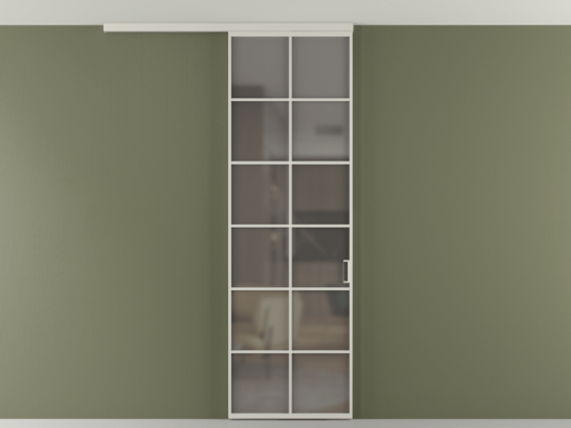 Перегородка Формато вдоль стены на потолок 1 створка АЛПР 040.05 Алюминий тёплый серый Сатинированное серое стекло, триплекс Цена 780895 ₸ | Volhovec