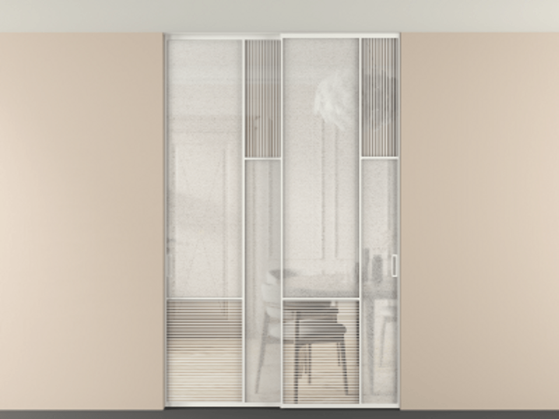 Перегородка Mosaic внутри проёма скрытое крепление в потолок 2 створки АЛПР 041.12 Алюминий светло-серый Рифлёное стекло "Дюна", триплекс, 6 мм + Фактурное стекло "Лёд", триплекс Цена 2574785 ₸ | Volhovec