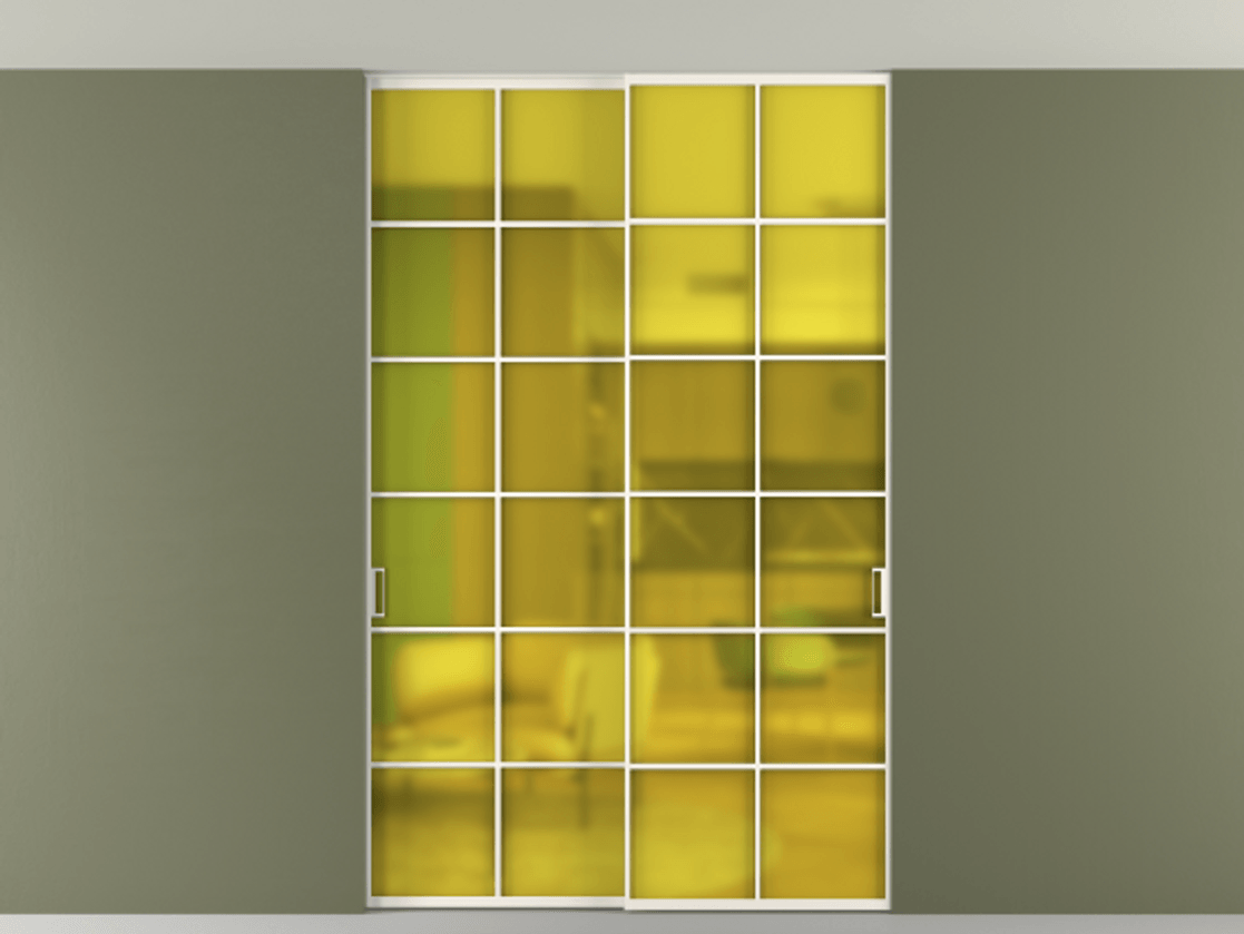 Перегородка Формато внутри проёма скрытое крепление в потолок 2 створки АЛПР 040.05 Алюминий пудровый белый Сатинированное жёлтое стекло, триплекс Цена 1973803 ₸ | Volhovec