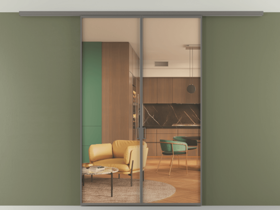 Перегородка Формато вдоль стены на потолок 2 створки АЛПР 040.01 Алюминий классический серый Прозрачное оранжевое стекло, триплекс Цена 1401412 ₸ | Volhovec