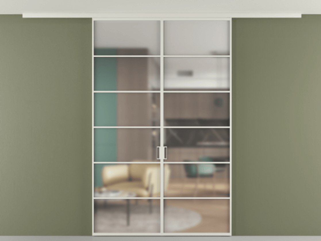 Перегородка Формато вдоль стены на потолок 2 створки АЛПР 040.04 Алюминий Белый Сатинированное стекло "Мателюкс Кристал Вижн", калёное, матовое, каленое 6 мм Цена 1898921 ₸ | Volhovec